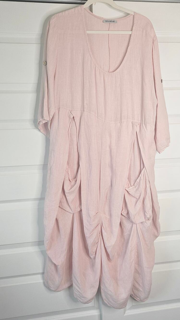 100% Lin Blanc Italy Linen Lagenlook Midi Dress Pink XXL